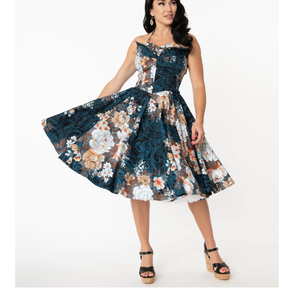 NWT UNIQUE VINTAGE NAVY ORCHARD SWING DRESS - Picture 7 of 11